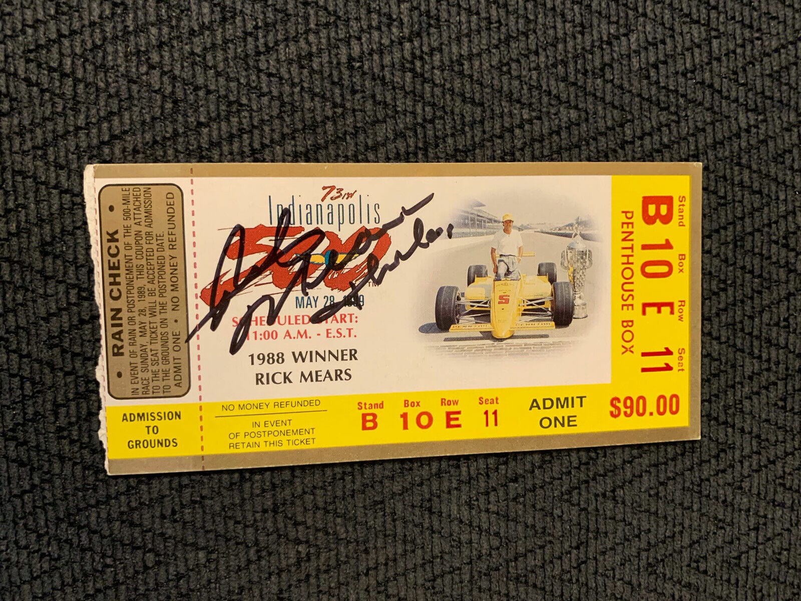 1989 Indy 500 Rick Mears Signed Ticket Stub (1988 Indy Race Winner ...