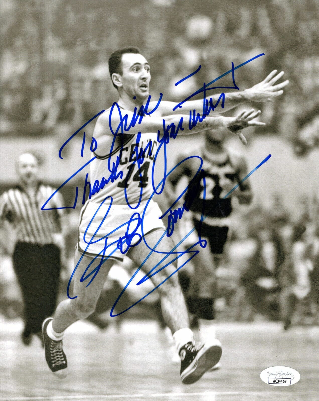 BOB COUSY HAND SIGNED 8x10 PHOTO BOSTON CELTICS LEGEND TO JIM JSA Opens ...