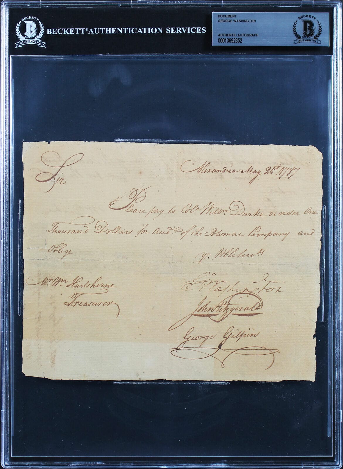 George Washington Signed 6x7.5 1787 Potomac Company Pay Order BAS ...