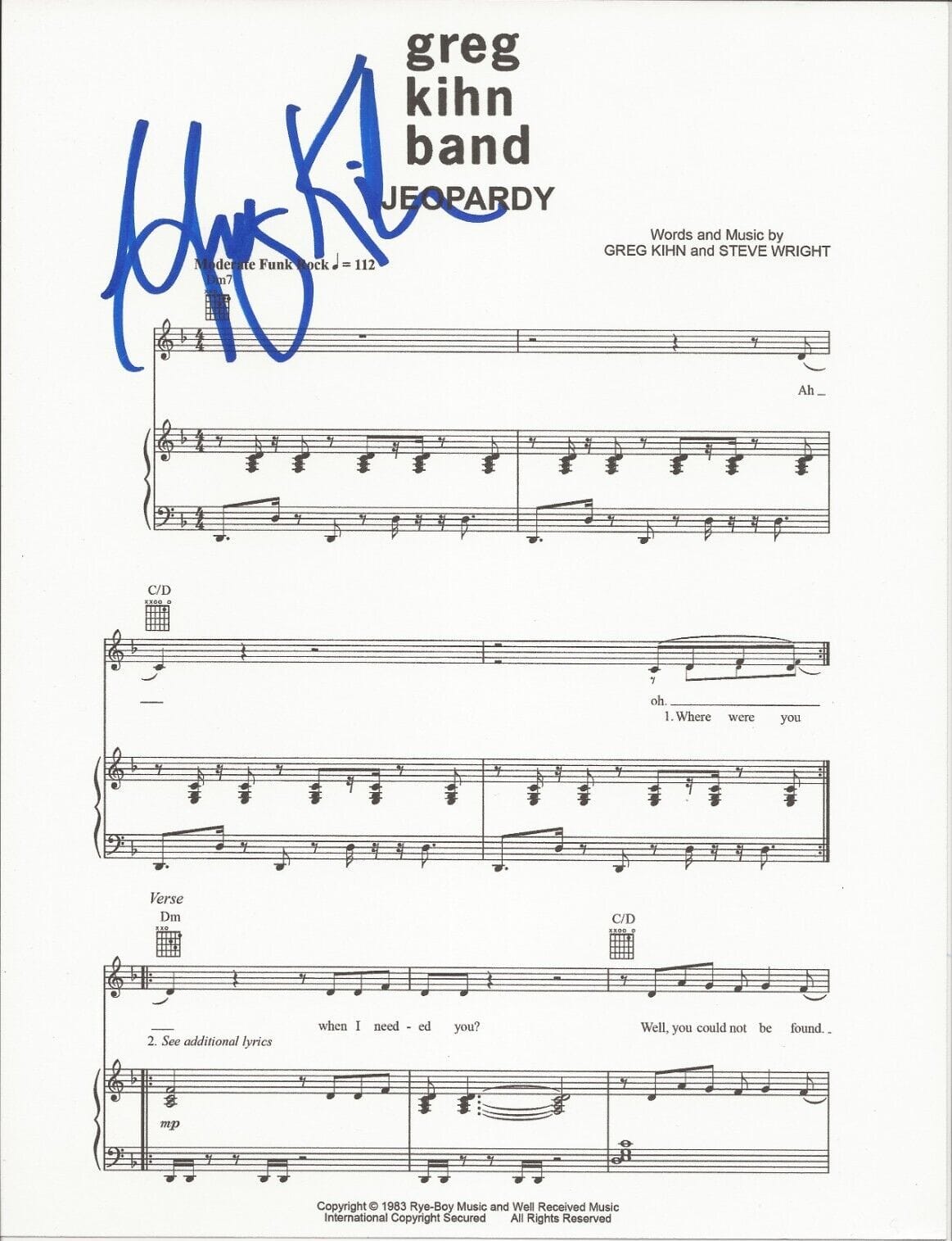 Greg Kihn REAL SIGNED Jeopardy Sheet Music COA Autographed The Greg ...