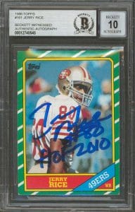 49ERS JERRY RICE HOF 2010 SIGNED 1986 TOPPS #161 RC CARD AUTO GRADE 10 BAS SLAB COLLECTIBLE MEMORABILIA