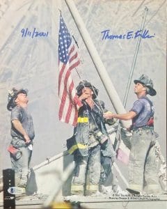 THOMAS E. FRANKLIN SIGNED 11×14 FIREFIGHTERS RAISING FLAG 9/11 PHOTO BAS COLLECTIBLE MEMORABILIA