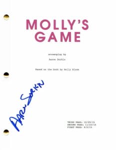 AARON SORKIN SIGNED AUTOGRAPH MOLLY’S GAME FULL MOVIE SCRIPT – JESSICA CHASTAIN COLLECTIBLE MEMORABILIA