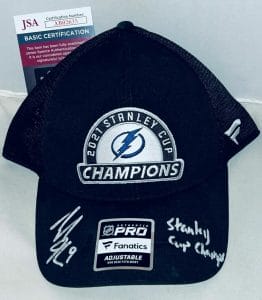 TYLER JOHNSON SIGNED TAMPA BAY LIGHTNING 2021 STANLEY CUP CHAMPS HAT W/ INSC JSA COLLECTIBLE MEMORABILIA
