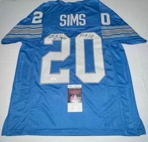 BILLY SIMS DETROIT LIONS SIGNED CUSTOM JERSEY AUTOGRAPHED W/ 80 ROY INSCRIP. JSA COLLECTIBLE MEMORABILIA
