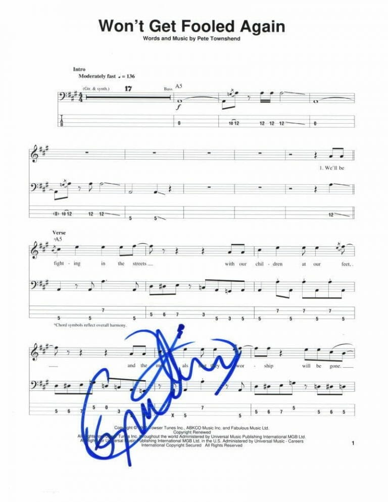 ROGER DALTREY SIGNED AUTOGRAPH WON’T GET FOOLED AGAIN SHEET MUSIC – THE WHO RARE COLLECTIBLE MEMORABILIA