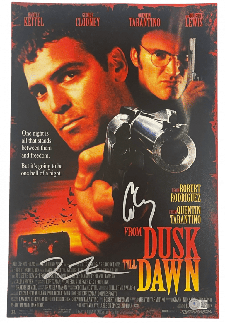 QUENTIN TARANTINO GEORGE CLOONEY SIGNED 12X18 PHOTO FROM DUSK TILL DAWN BAS 2 COLLECTIBLE MEMORABILIA