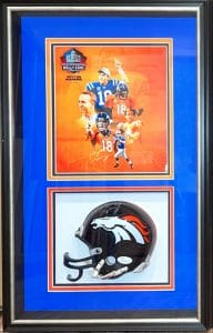 PEYTON MANNING SIGNED AUTOGRAPH POSTER AND MINI HELMET SHADOW BOX 13.5 X 21 JSA COLLECTIBLE MEMORABILIA