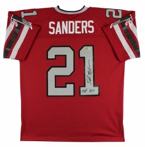 FALCONS DEION SANDERS “HOF 2011” SIGNED RED MITCHELL & NESS JERSEY BAS WITNESS COLLECTIBLE MEMORABILIA