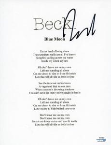 BECK HANSEN SIGNED AUTOGRAPHED BLUE MOON 8.5×11 SONG LYRIC SHEET ACOA COA COLLECTIBLE MEMORABILIA