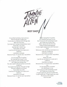 JIMMIE ALLEN SIGNED AUTOGRAPHED BEST SHOT SONG LYRIC SHEET COUNTRY STAR ACOA COA COLLECTIBLE MEMORABILIA