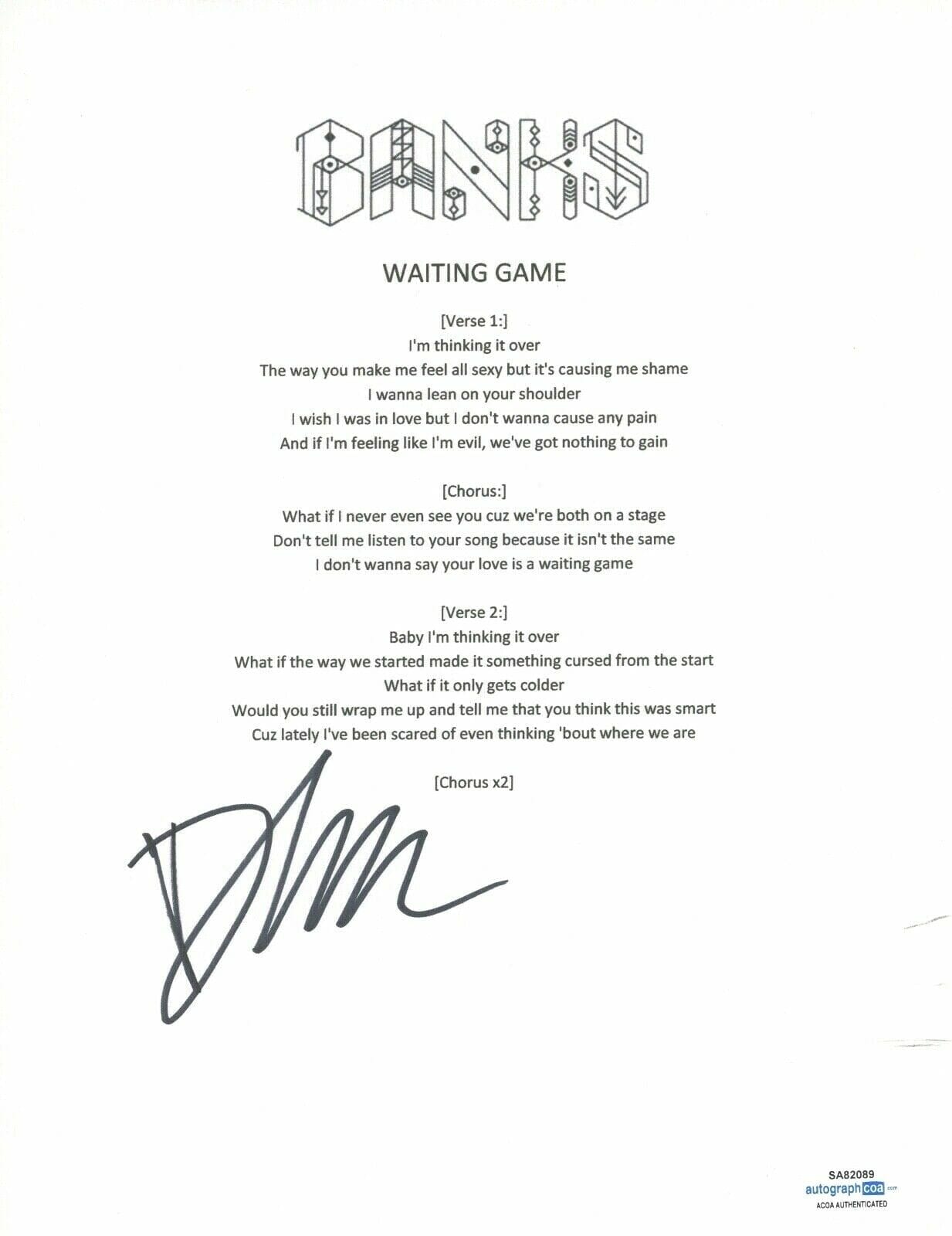 BANKS JILLIAN SIGNED AUTOGRAPHED WAITING GAME SONG LYRIC SHEET ACOA COA COLLECTIBLE MEMORABILIA