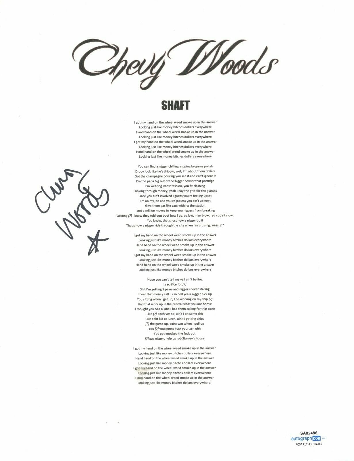 CHEVY WOODS SIGNED AUTOGRAPH SHAFT SONG LYRIC SHEET RAPPER HIP HOP ACOA COA COLLECTIBLE MEMORABILIA