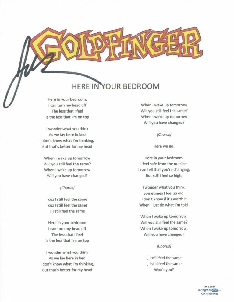 JOHN FELDMANN SIGNED GOLDFINGER HERE IN YOUR BEDROOM SONG LYRIC SHEET ACOA COA COLLECTIBLE MEMORABILIA