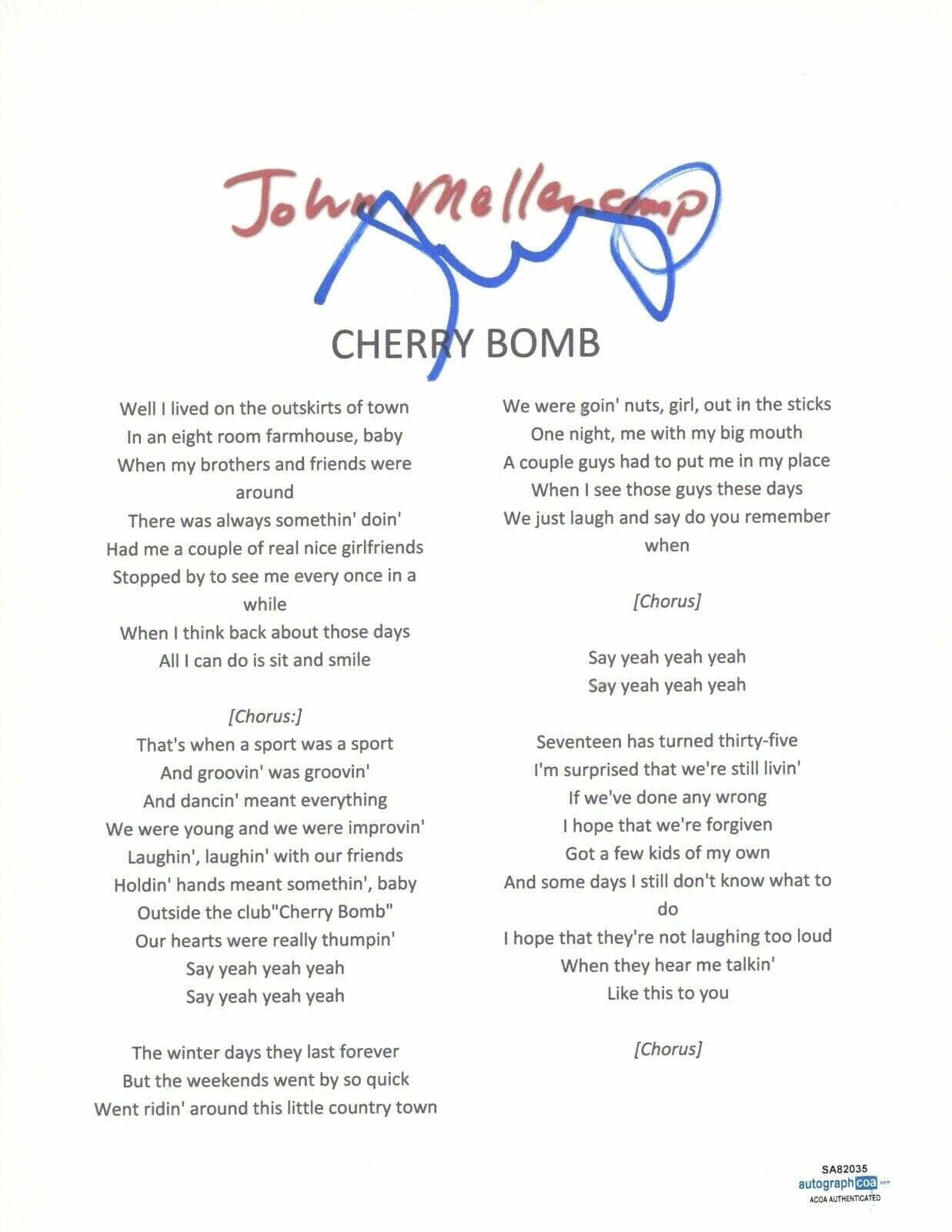 JOHN MELLENCAMP COUGAR SIGNED AUTOGRAPHED CHERRY BOMB LYRIC SHEET ACOA COA COLLECTIBLE MEMORABILIA