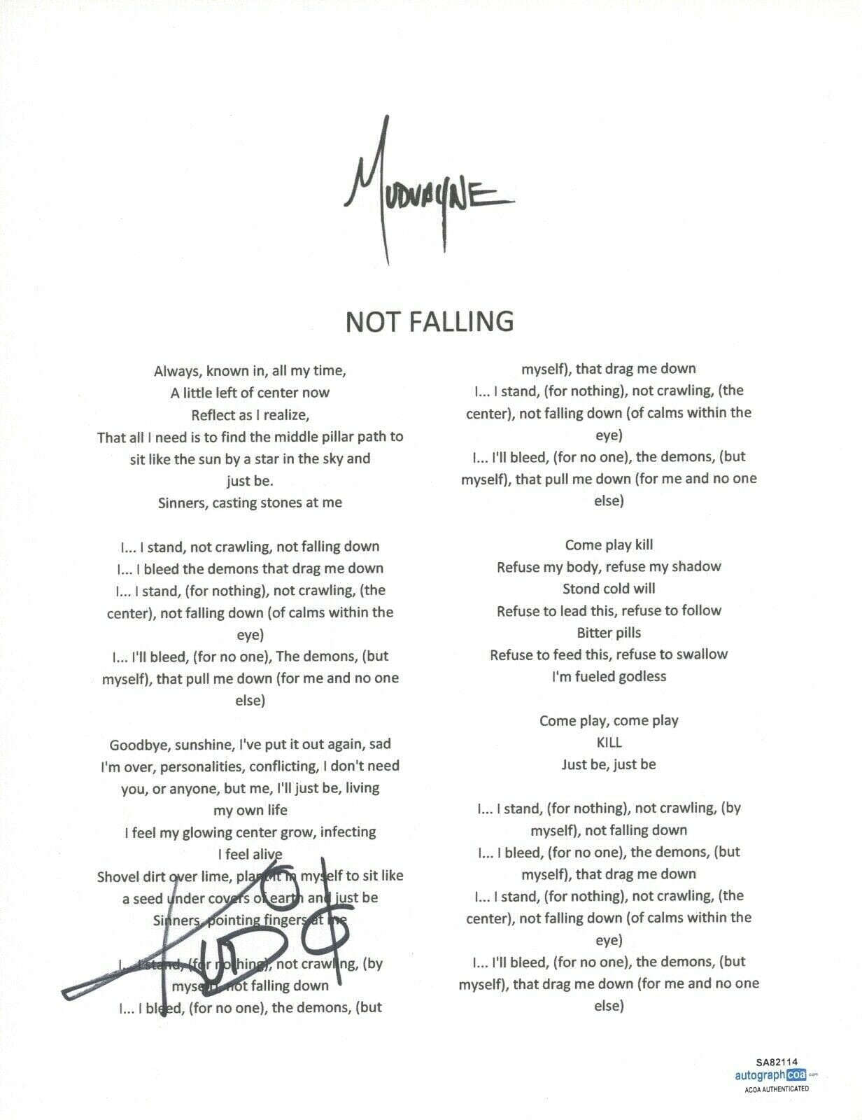 CHAD GRAY KUD SIGNED AUTOGRAPHED MUDVAYNE NOT FALLING SONG LYRIC SHEET ACOA COA COLLECTIBLE MEMORABILIA