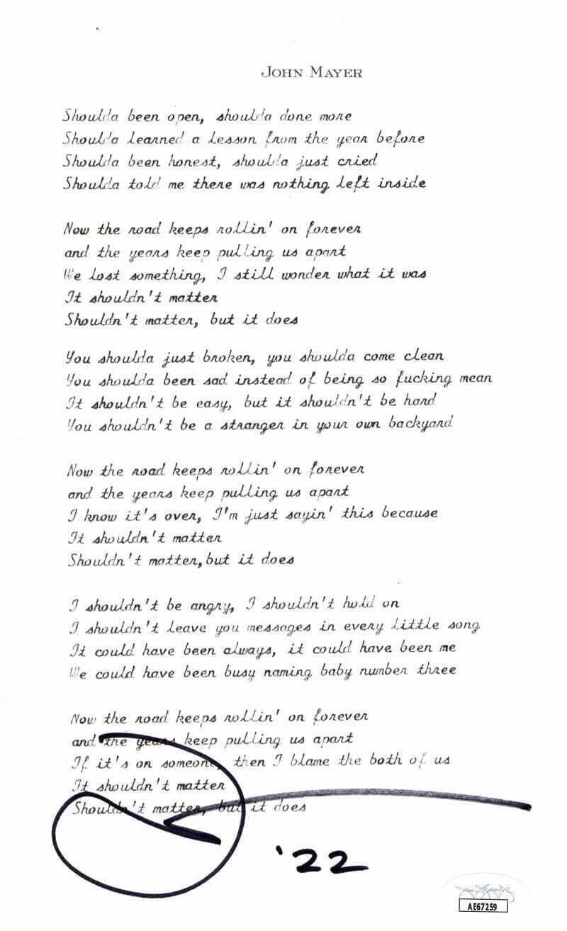 JOHN MAYER SIGNED AUTOGRAPH SHOULDN’T MATTER BUT IT DOES LYRIC SHEET – JSA COA COLLECTIBLE MEMORABILIA