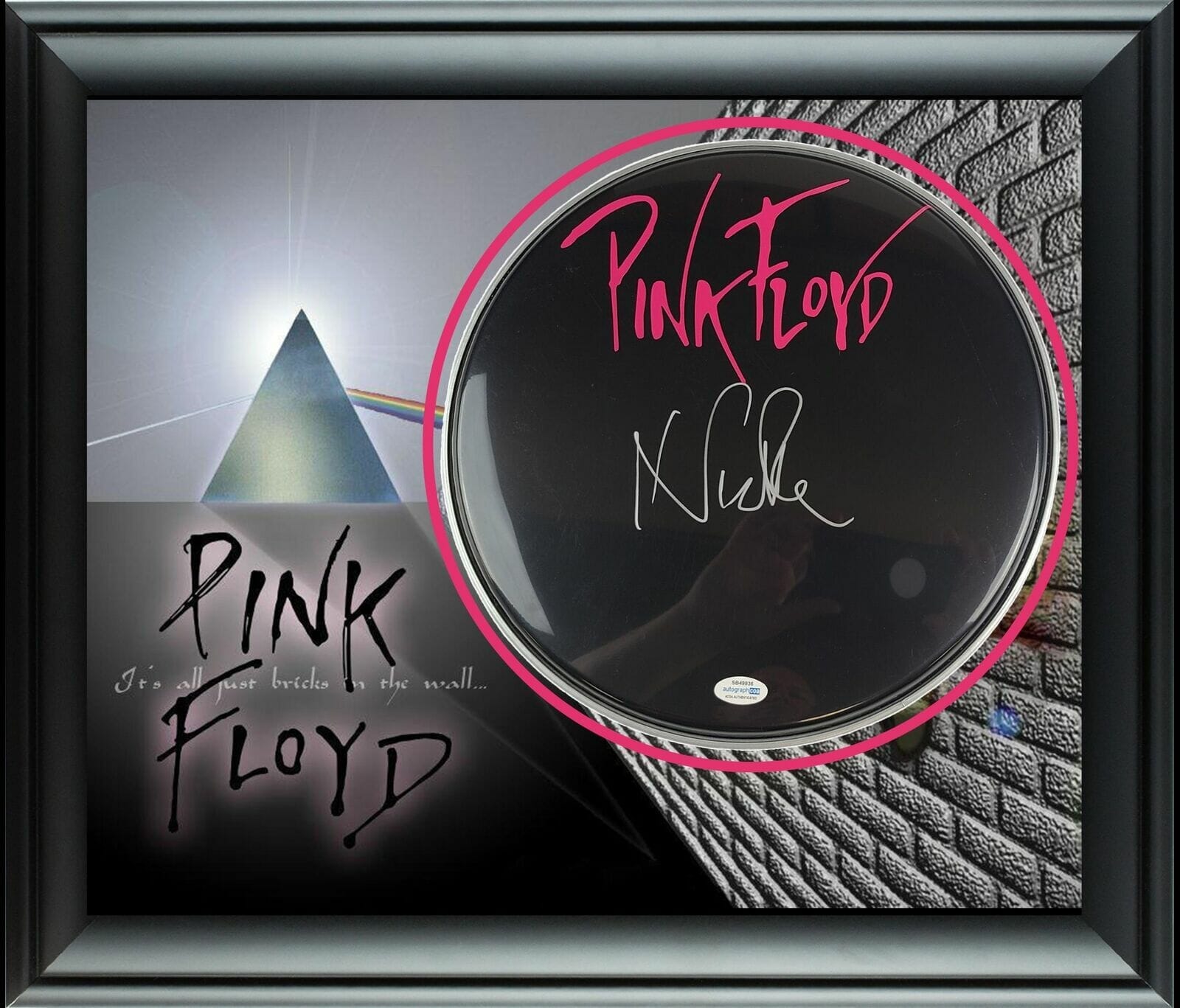 PINK FLOYD NICK MASON AUTOGRAPHED CUSTOM FRAMED DRUM HEAD DRUMHEAD DISPLAY ACOA COLLECTIBLE MEMORABILIA