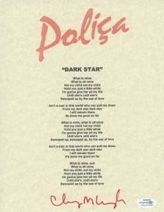 CHANNY LEANEAGH SIGNED AUTOGRAPHED POLICA DARK STAR SONG LYRIC SHEET ACOA COA COLLECTIBLE MEMORABILIA