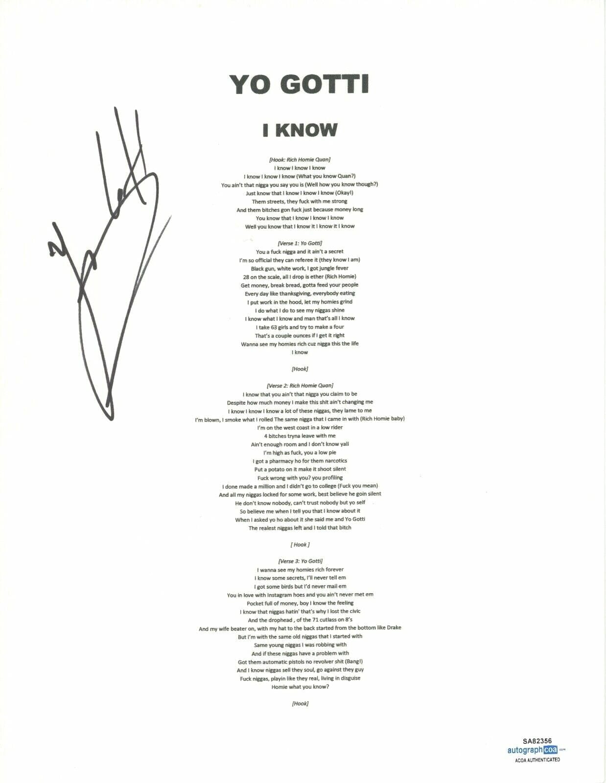 YO GOTTI SIGNED AUTOGRAPHED I KNOW SONG LYRIC SHEET RAPPER HIP HOP ACOA COA COLLECTIBLE MEMORABILIA