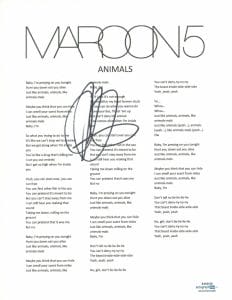 ADAM LEVINE SIGNED AUTOGRAPHED MAROON 5 ANIMALS SONG LYRIC SHEET ACOA COA COLLECTIBLE MEMORABILIA