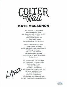COLTER WALL SIGNED AUTOGRAPHED KATE MCCANNON SONG LYRIC SHEET ACOA COA COLLECTIBLE MEMORABILIA