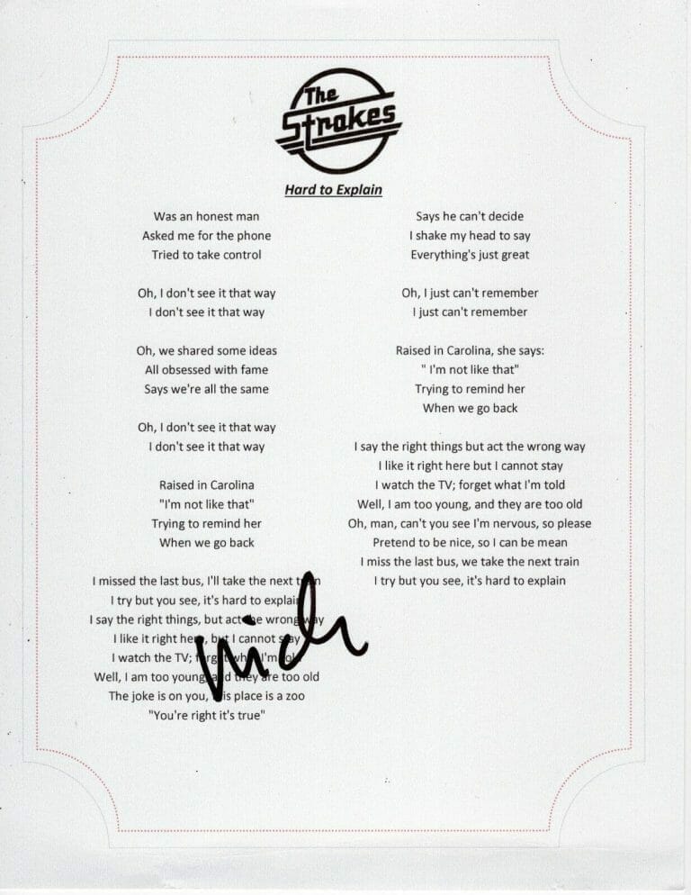 The Strokes Nick Valensi Signed Hard To Explain Lyric Sheet Autographia