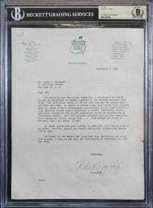ROBERT T JONES SIGNED 8.5×11 1960 LETTER ON AUGUSTA NATIONAL LETTERHEAD BAS SLAB COLLECTIBLE MEMORABILIA