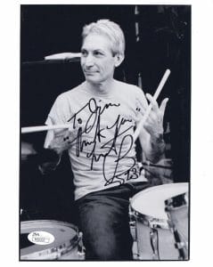 CHARLIE WATTS HAND SIGNED 8×10 PHOTO ROLLING STONES DRUMMER TO JIM JSA COLLECTIBLE MEMORABILIA