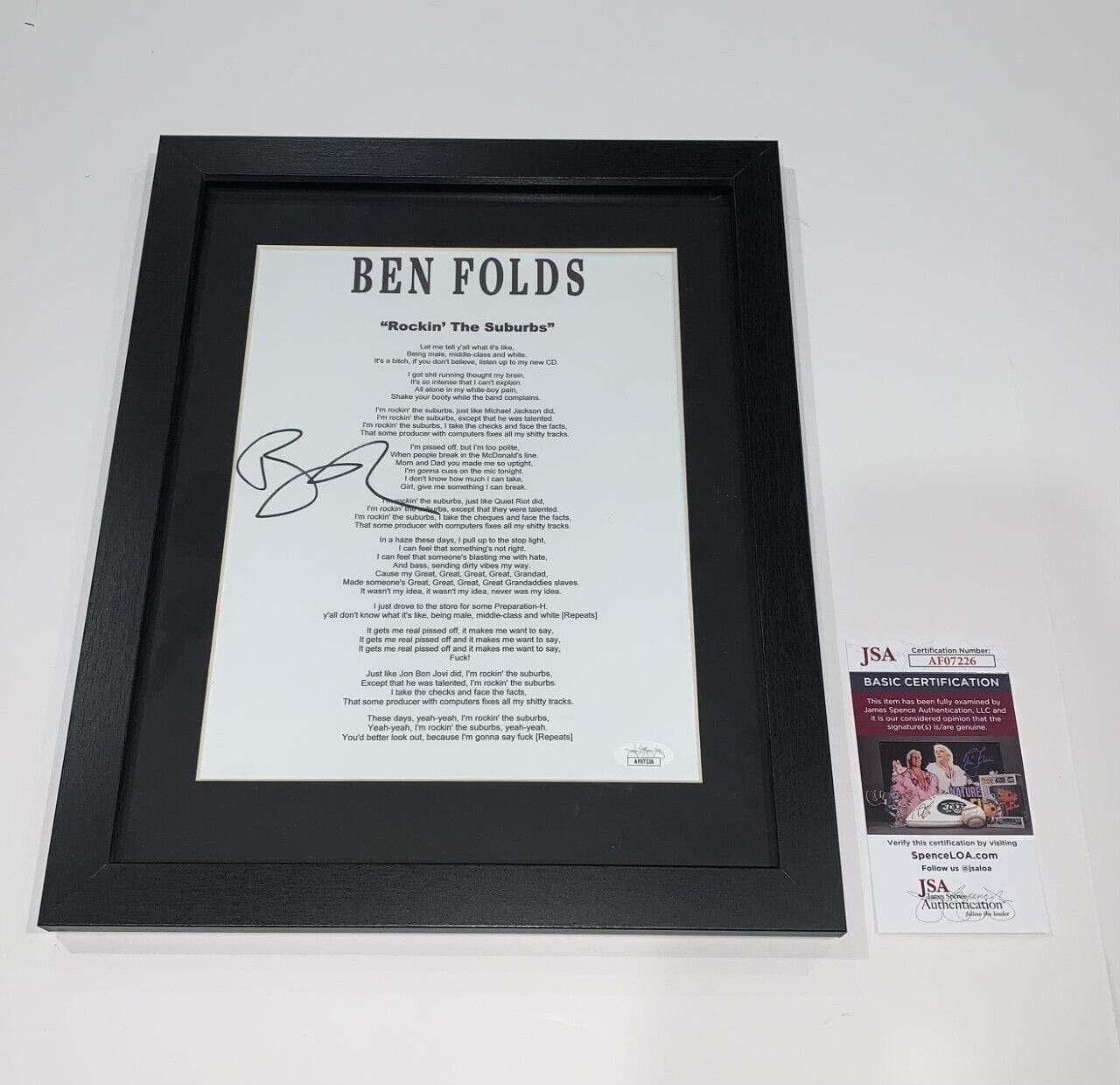 BEN FOLDS SIGNED FRAMED ROCKIN’ THE SUBURBS LYRIC SHEET FIVE JSA COA COLLECTIBLE MEMORABILIA