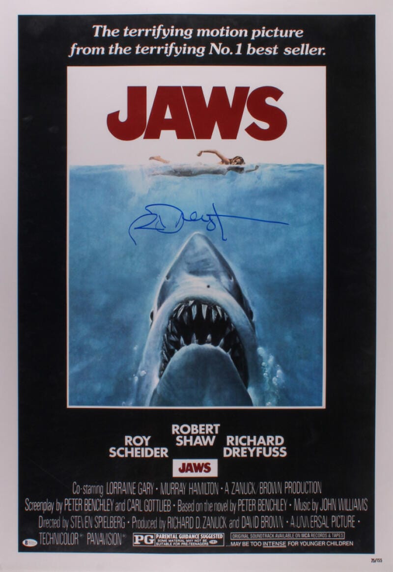 RICHARD DREYFUSS SIGNED JAWS FULL SIZE MOVIE POSTER 27X40 AUTOGRAPH BECKETT COA COLLECTIBLE MEMORABILIA